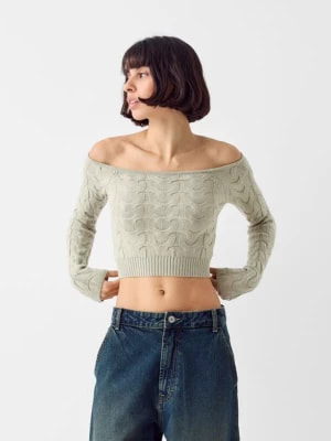 Zdjęcie produktu Bershka Sweter Z Odsłoniętymi Ramionami Z Warkoczowym Splotem Kobieta Khaki