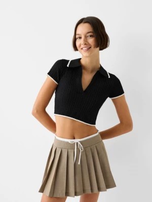 Zdjęcie produktu Bershka Sweter Ze Splotem Warkoczowym, Krótkim Rękawem I Kołnierzykiem Polo Kobieta Czarny