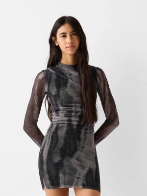 Zdjęcie produktu Bershka Tiulowa Sukienka Mini Z Marszczeniami I Długim Rękawem Kobieta Ciemnoszary