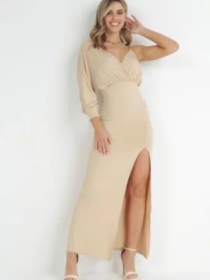 Zdjęcie produktu Beżowa Asymetryczna Sukienka Maxi na Jedno Ramię z Łańcuszkiem Przy Ramieniu Kesilli