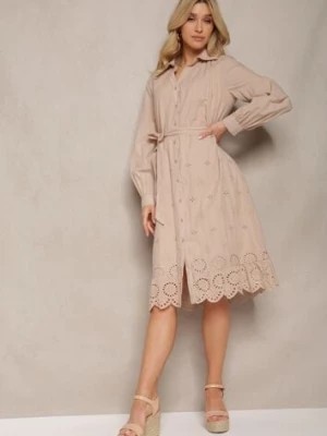 Zdjęcie produktu Beżowa Bawełniana Sukienka Koszulowa z Guzikami i Materiałowym Paskiem Wykończona Koronką Satala