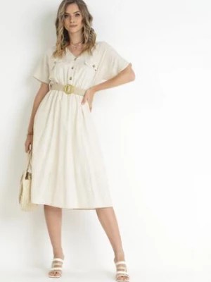 Zdjęcie produktu Beżowa Bawełniana Sukienka Midi z Gumką w Pasie i Paskiem z Klamerką Daylia