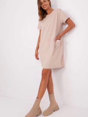 Zdjęcie produktu Beżowa dresowa sukienka basic z krótkim rękawem RELEVANCE
