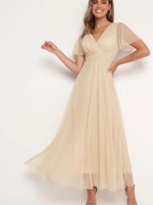 Zdjęcie produktu Beżowa Kopertowa Rozkloszowana Sukienka z Wiązaniem w Talii Kolea