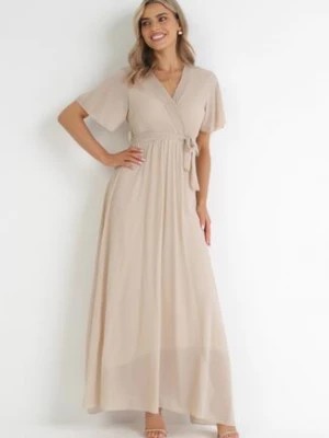 Zdjęcie produktu Beżowa Kopertowa Sukienka z Gumką w Pasie i Plisowaną Górą Davitri