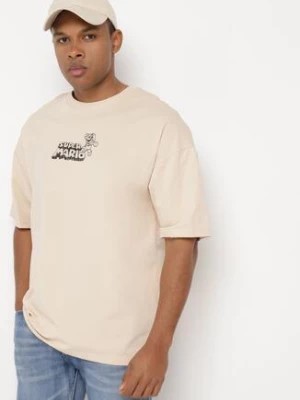 Zdjęcie produktu Beżowa Koszulka Bawełniana Oversize z Nadrukiem z Przodu i na Plecach Mannesha