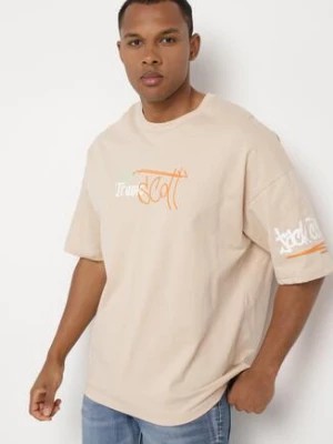 Zdjęcie produktu Beżowa Koszulka Bawełniana z Dużym Nadrukiem na Plecach Ircia