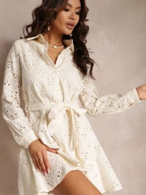 Zdjęcie produktu Beżowa Koszulowa Sukienka Ażurowa z Wiązanym Paskiem Faeyela