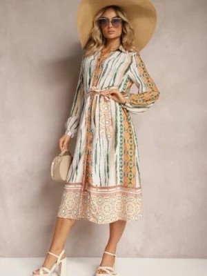 Zdjęcie produktu Beżowa Koszulowa Sukienka Wiązana w Talii Ozdobiona Abstrakcyjnym Wzorem Nilima