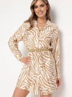 Zdjęcie produktu Beżowa Koszulowa Sukienka Zapinana na Guziki z Kieszonką z Przodu Biorna