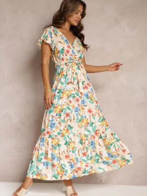 Zdjęcie produktu Beżowa Rozkloszowana Sukienka Maxi w Kwiaty Moirane
