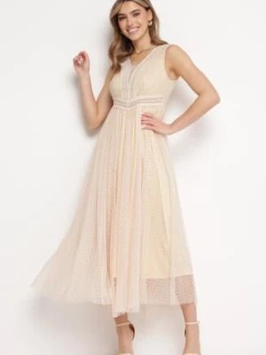 Zdjęcie produktu Beżowa Rozkloszowana Sukienka Maxi z Koronkową Górą i Tiulowym Dołem Gelivia