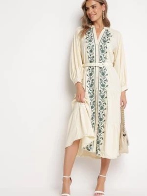 Zdjęcie produktu Beżowa Rozkloszowana Sukienka Midi z Ozdobnymi Haftami i Falbankami Polyra