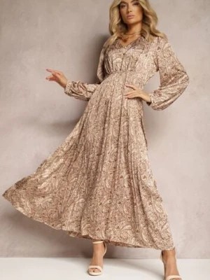Zdjęcie produktu Beżowa Rozkloszowana Sukienka z Plisowanym Dołem Wykończona Guzikami Xilalara