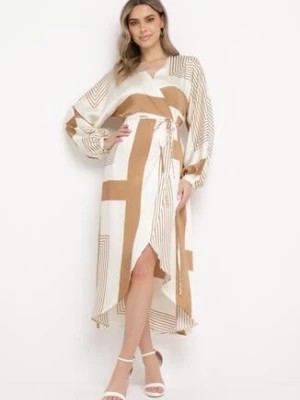 Zdjęcie produktu Beżowa Sukienka Kopertowa Kimono z Geometrycznym Wzorem i Wiązanym Paskiem Klerossa