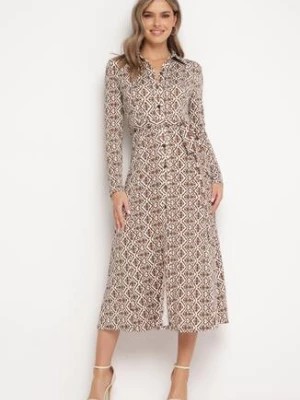 Zdjęcie produktu Beżowa Sukienka Koszulowa Midi z Wiązanym Paskiem i Mozaikowym Wzorem Ralisse