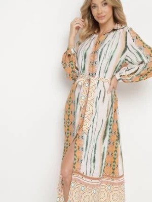 Zdjęcie produktu Beżowa Sukienka Koszulowa z Mozaikowym Wzorem i Wiązanym Paskiem Lilimea