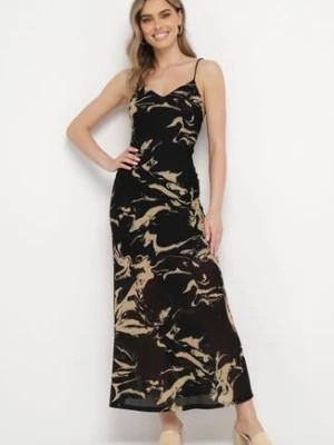 Zdjęcie produktu Beżowa Sukienka Maxi Ozdobiona Marmurkowym Wzorem z Cienkimi Ramiączkami Fidellma