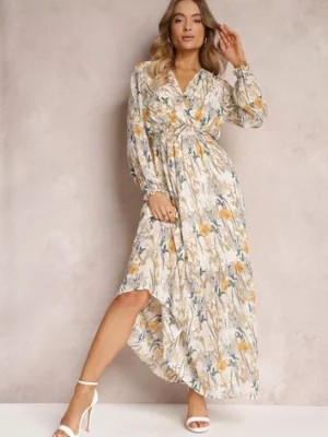 Zdjęcie produktu Beżowa Sukienka Maxi w Kwiaty z Falbanką Balena