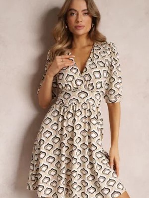 Zdjęcie produktu Beżowa Sukienka Mini w Mozaikowy Wzór z Bufiastymi Rękawami Sabreena