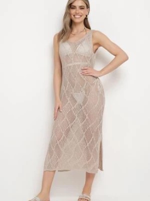 Zdjęcie produktu Beżowa Sukienka na Ramiączkach o Ażurowym Wykończeniu Zdobiona Metaliczną Nicią z Rozcięciem Zasa