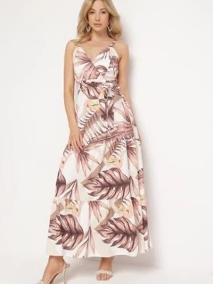 Zdjęcie produktu Beżowa Sukienka na Ramiączkach z Kopertowym Dekoltem i Motywem Florystycznym Obilena