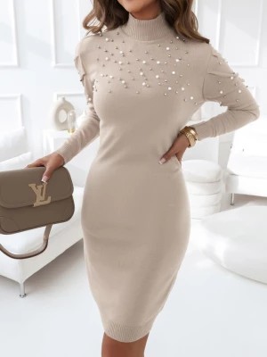 Zdjęcie produktu Beżowa sukienka swetrowa z ozdobnymi perełkami Romana - beżowy Pakuten