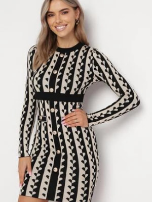 Zdjęcie produktu Beżowa Sweterkowa Sukienka Mini w Geometryczny Wzór Carlas
