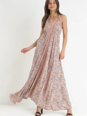 Zdjęcie produktu Beżowa Wiskozowa Sukienka Maxi z Wiązaniem na Szyi i Rozkloszowanym Dołem Jeanine