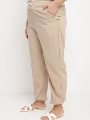 Zdjęcie produktu Beżowe Bawełniane Spodnie Dresowe Joggery ze Sznurkiem w Pasie i Ściągaczami Moalina