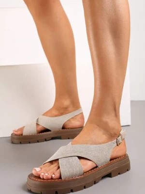 Zdjęcie produktu Beżowe Sandały z Wycięciami na Grubej Platformie i Zapięciem na Sprzączkę Stepia