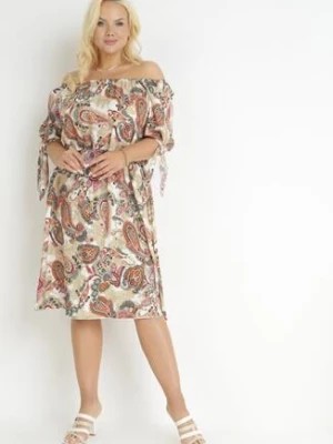 Zdjęcie produktu Beżowo-Biała Pudełkowa Sukienka Midi Hiszpanka z Ozdobnymi Rękawami Nataliea