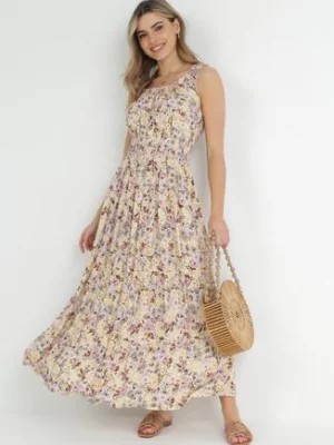 Zdjęcie produktu Beżowo-Biała Sukienka w Kwiaty z Gumką w Pasie i Falbaną na Dole Lisaria