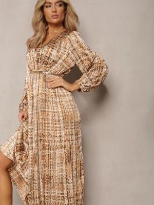 Zdjęcie produktu Beżowo-Brązowa Plisowana Sukienka Maxi Ozdobiona Wzorem w Tweedowym Stylu Juvioa