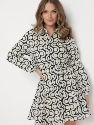 Zdjęcie produktu Beżowo-Czarna Bawełniana Sukienka Mini w Geometryczny Wzór Frenia