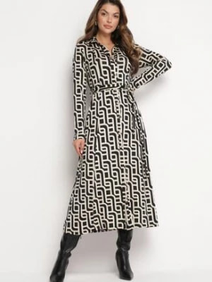 Zdjęcie produktu Beżowo-Czarna Koszulowa Sukienka Maxi w Geometryczny Wzór z Wiązanym Paskiem Gelama