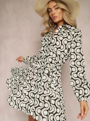 Zdjęcie produktu Beżowo-Czarna Koszulowa Sukienka z Bawełny z Geometrycznym Wzorem Vearil