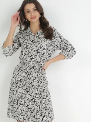 Zdjęcie produktu Beżowo-Czarna Sukienka Mini Koszulowa w Kwiaty z Wiskozy Obenne