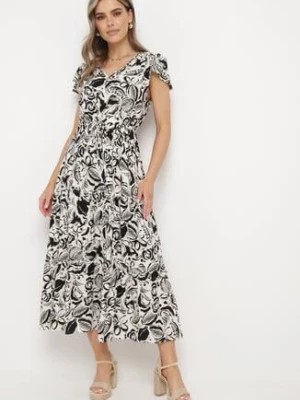 Zdjęcie produktu Beżowo-Czarna Sukienka z Wiskozy z Krótkim Rękawem i Ściągaczami w Talii Keneli