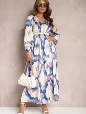 Zdjęcie produktu Beżowo-Fioletowa Maxi Sukienka Satynowa o Rozkloszowanym Kroju Velian