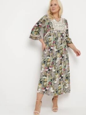Zdjęcie produktu Beżowo-Granatowa Sukienka z Wiskozy z Gumką w Pasie z Chwostami Przy Dekolcie Menava