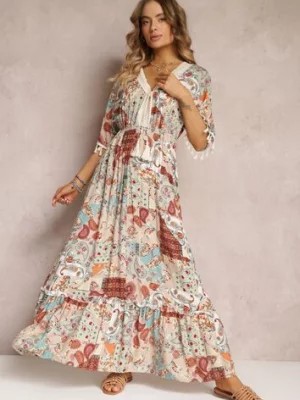 Zdjęcie produktu Beżowo-Miętowa Sukienka Maxi z Gumką w Talii i Frędzelkami Gemava