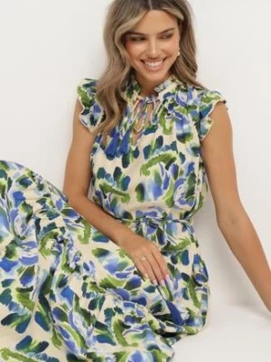 Zdjęcie produktu Beżowo-Niebieska Rozkloszowana Sukienka z Materiałowym Paskiem w Talii i Wiązanym Dekoltem Dimorri