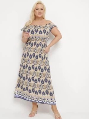 Zdjęcie produktu Beżowo-Niebieska Sukienka Bawełniana z Gumką w Talii i Mozaikowym Wzorem Vestra