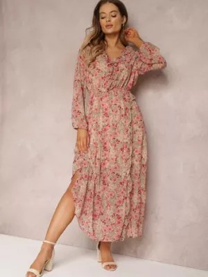 Zdjęcie produktu Beżowo-Różowa Sukienka Rozkloszowana w Kwiaty z Gumką w Pasie Bledareta