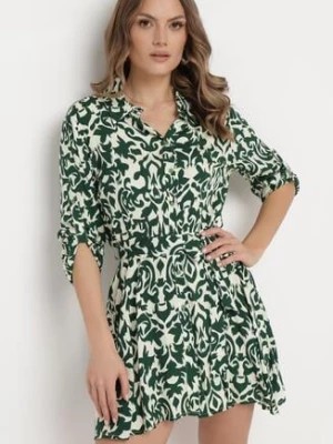 Zdjęcie produktu Beżowo-Zielona Koszulowa Sukienka Mini z Wiskozy w Ornamentalny Wzór Virilassa