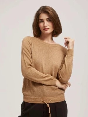 Zdjęcie produktu Beżowy damski sweter z wiązaniem i metaliczną nitką Moodo