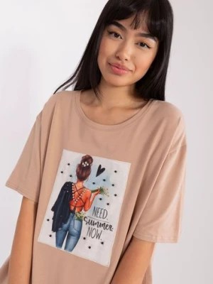 Zdjęcie produktu Beżowy t-shirt z nadrukiem i okrągłym dekoltem Lakerta
