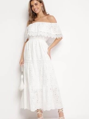 Zdjęcie produktu Biała Ażurowa Sukienka Hiszpanka Maxi z Bawełny Ozdobiona Koronką Bimiosa