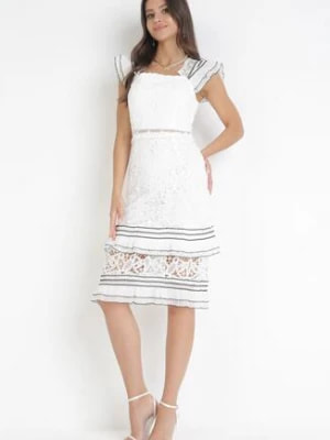 Zdjęcie produktu Biała Ażurowa Sukienka Midi z Falbankami przy Ramionach Adelana